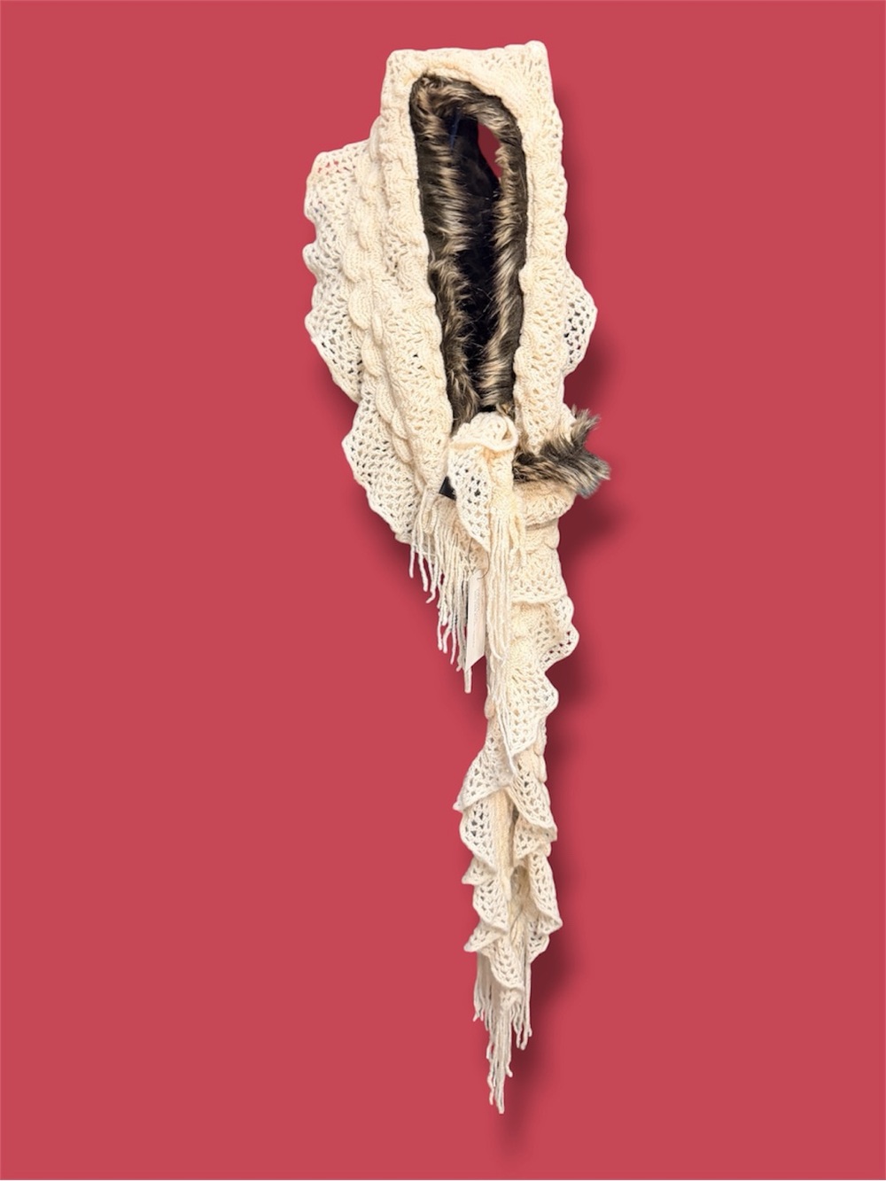 Surell Cream Knit Hooded Scarf with Faux Fur Lined Hood
